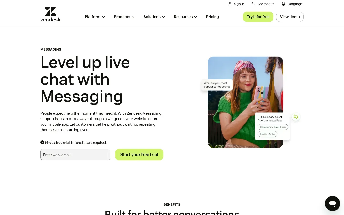 Homepage of Zendesk