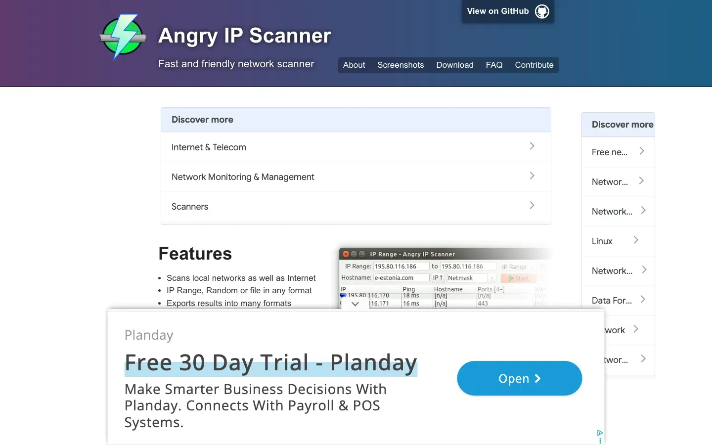 Homepage of Angry IP Scanner