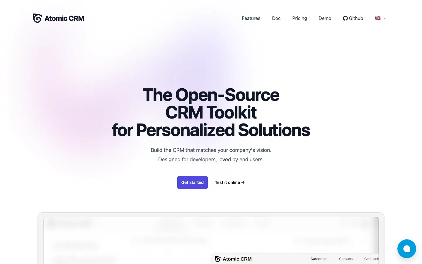 Homepage of Atomic CRM