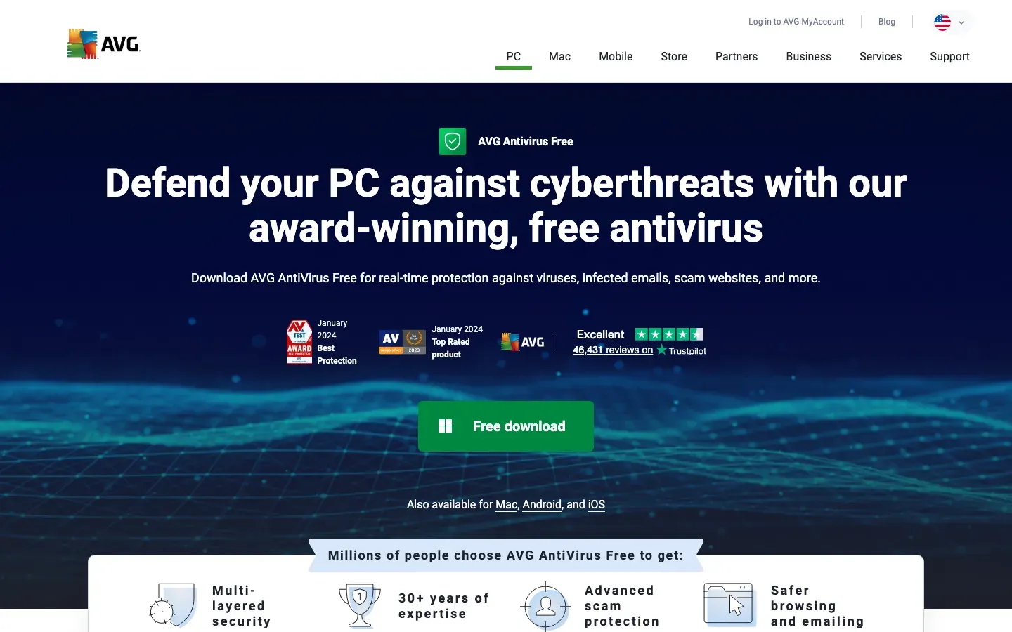 Homepage of AVG AntiVirus Free