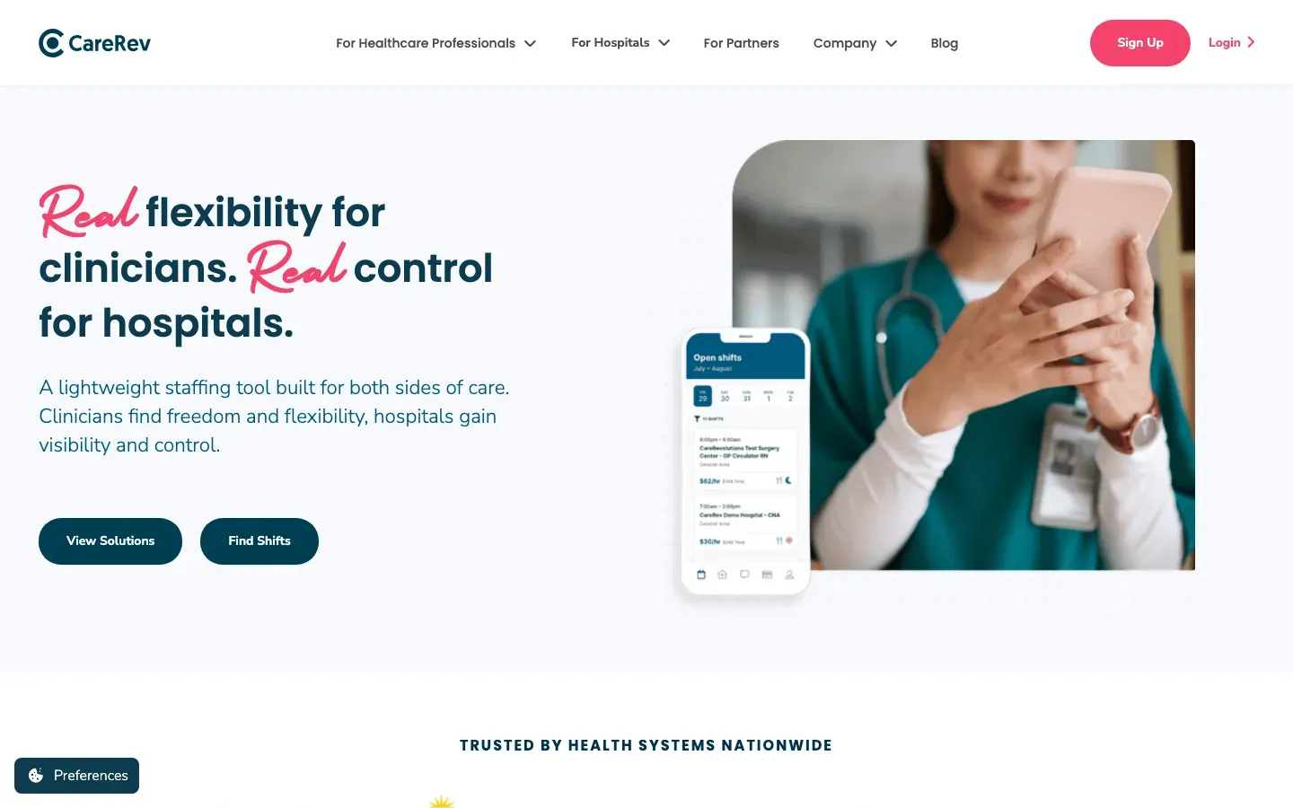 Homepage of CareRev