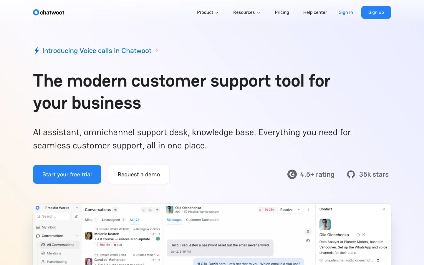 Homepage of Chatwoot