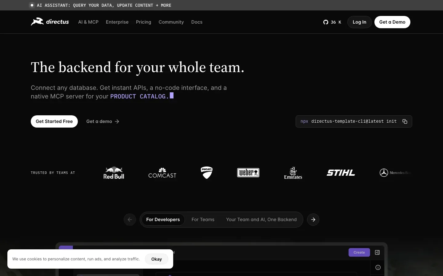 Homepage of Directus