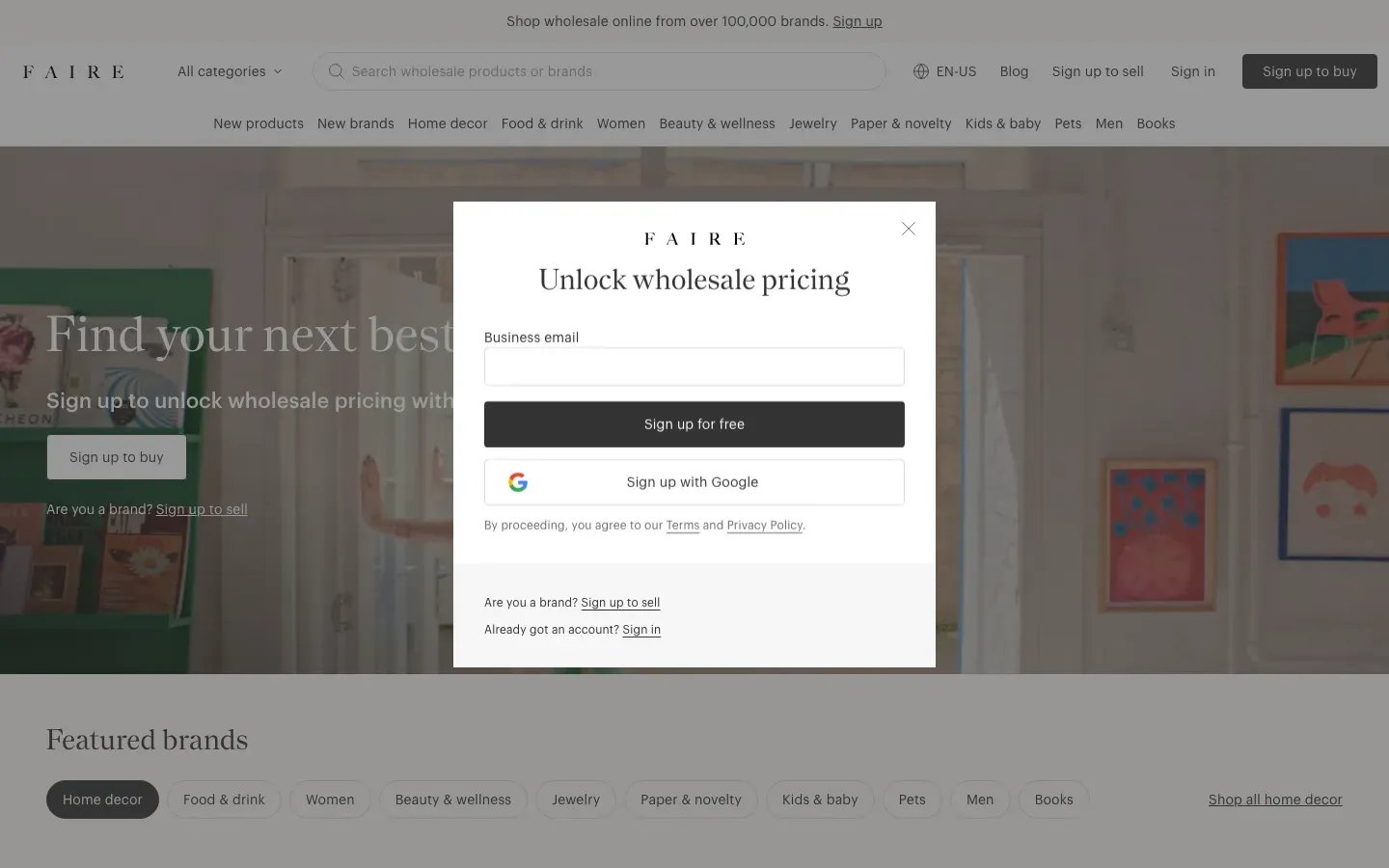 Homepage of Faire
