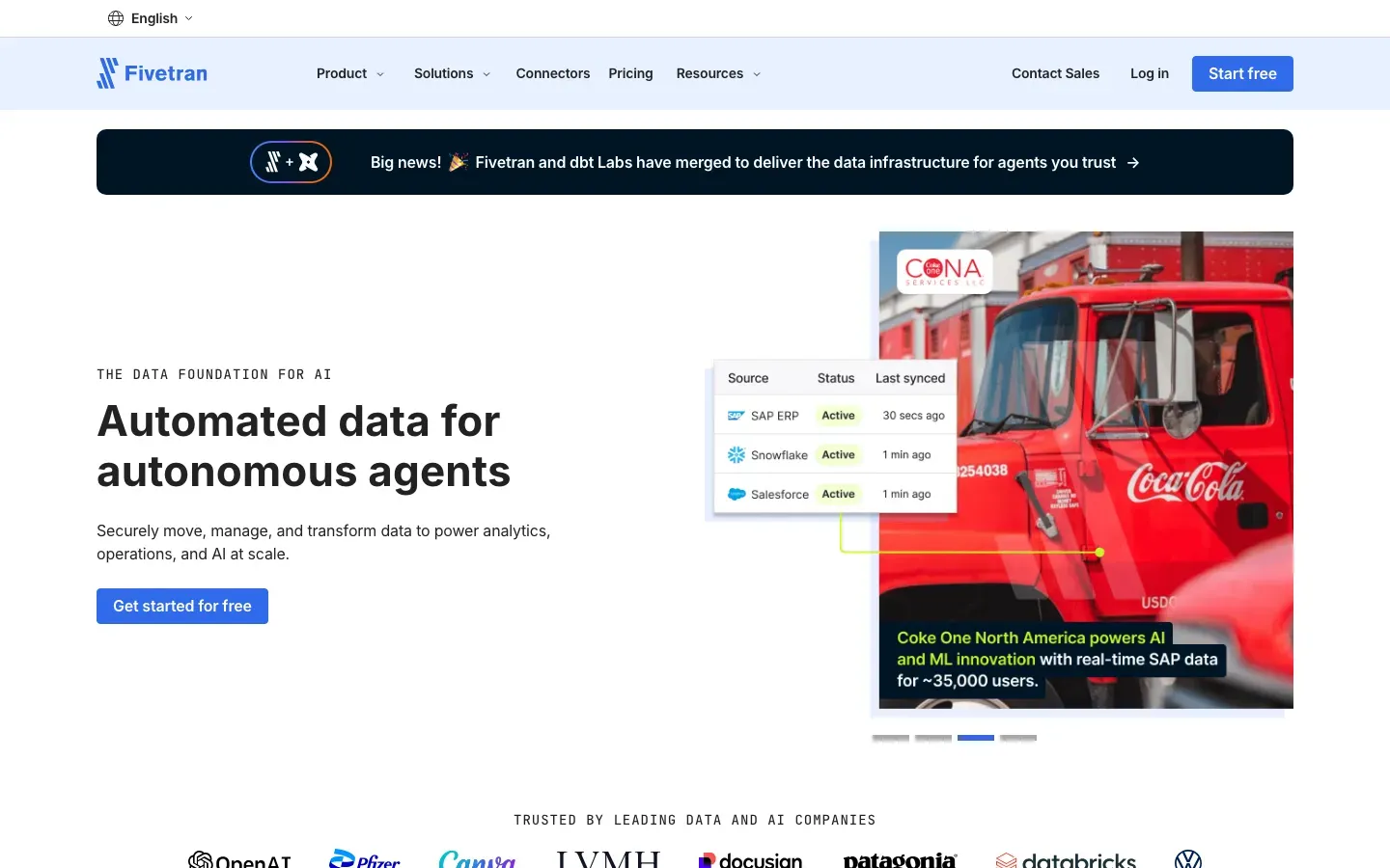 Homepage of Fivetran
