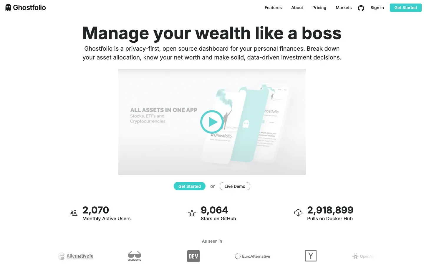Homepage of Ghostfolio