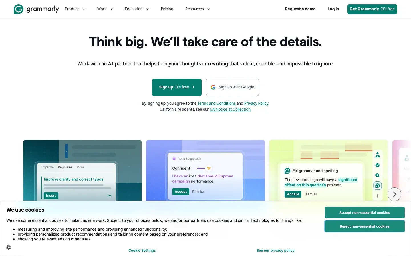 Homepage of Grammarly