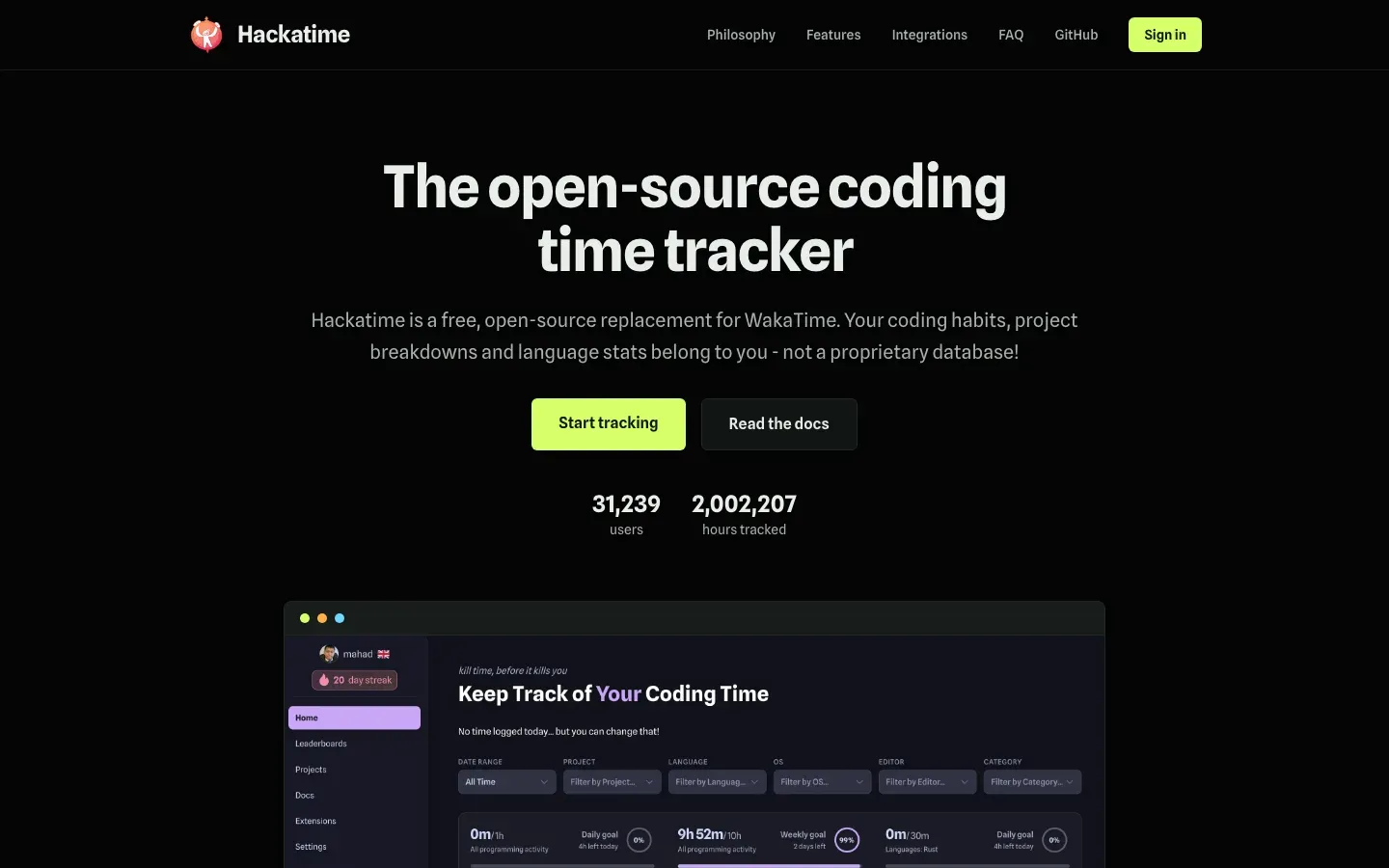 Homepage of Hackatime