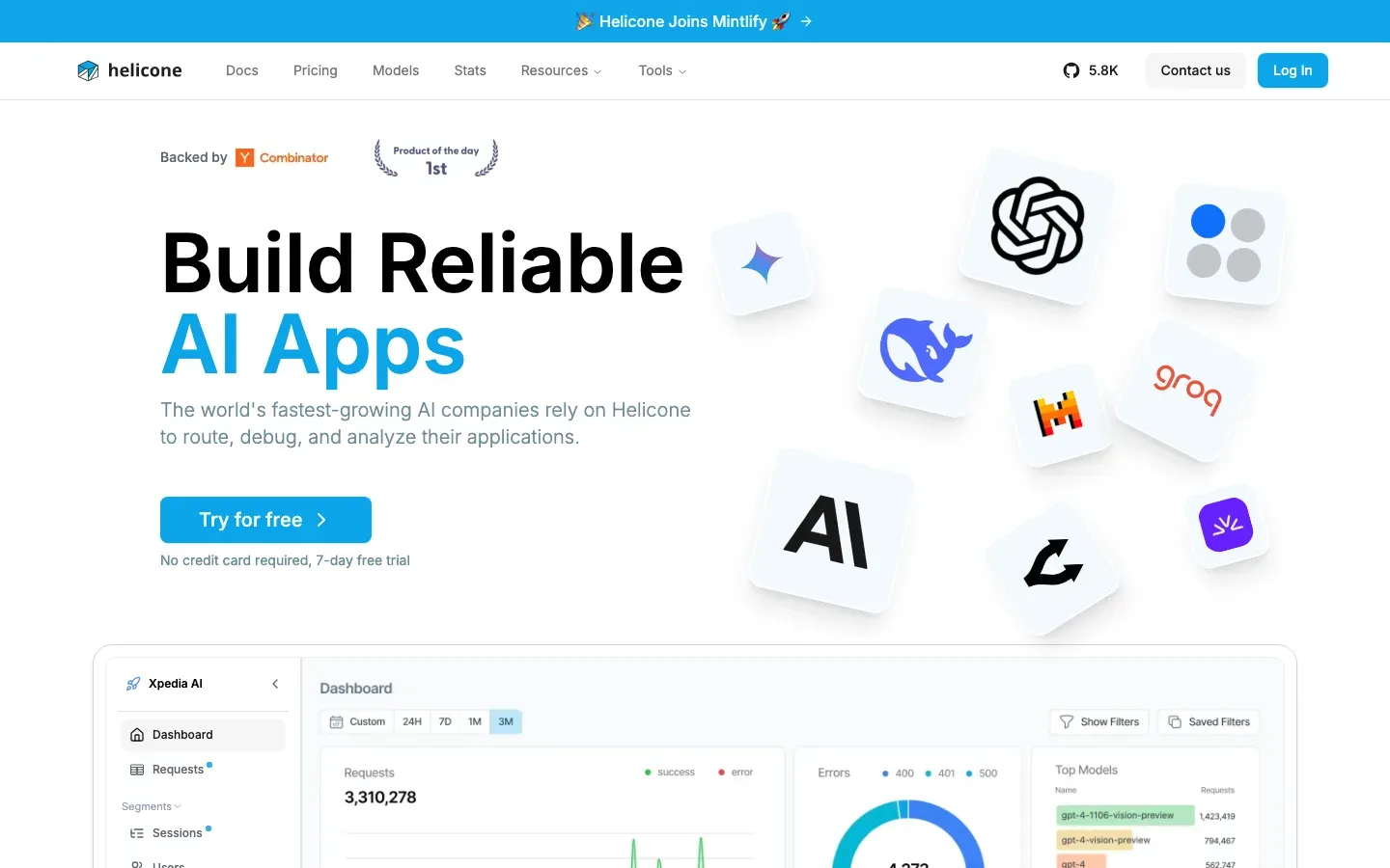 Homepage of Helicone