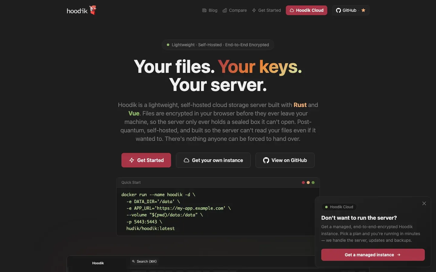 Homepage of Hoodik
