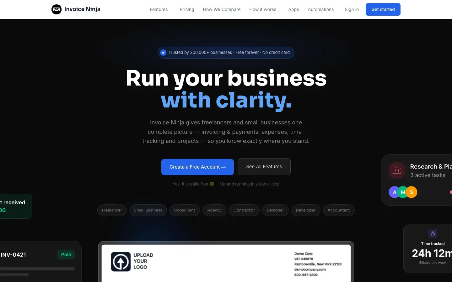Homepage of Invoice Ninja