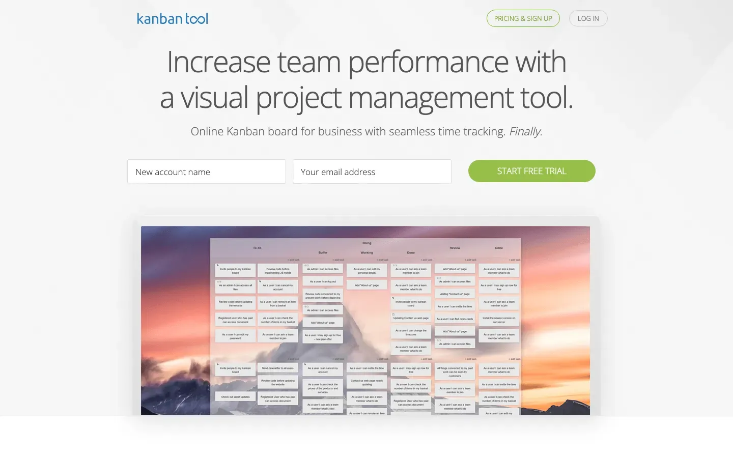 Homepage of Kanban Tool