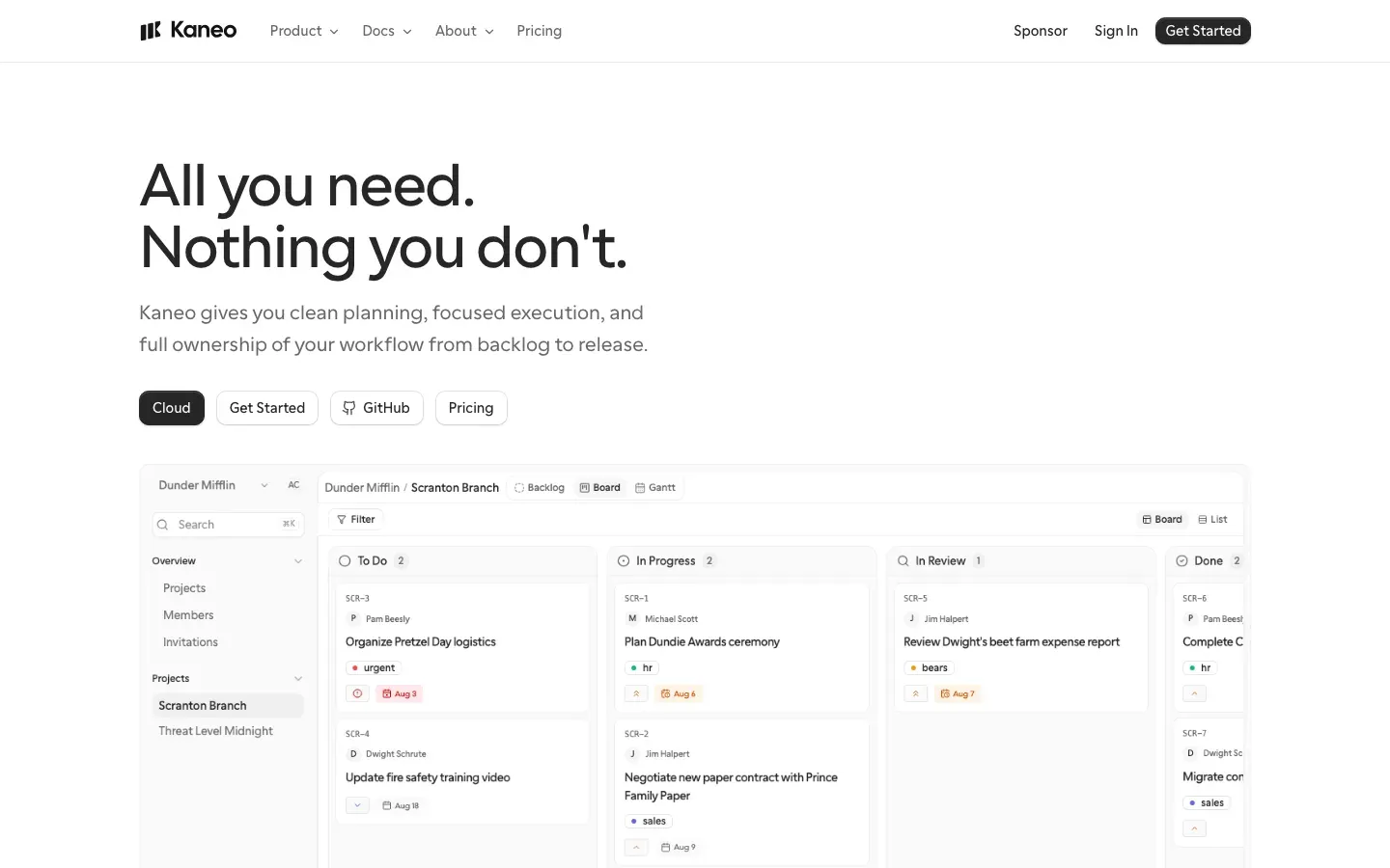 Homepage of Kaneo