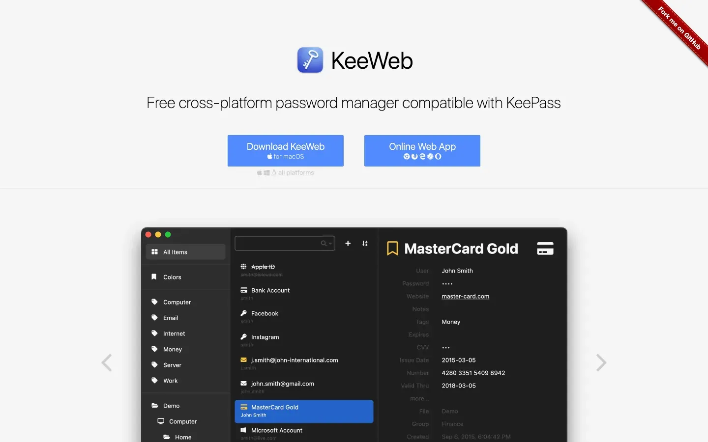 Homepage of KeeWeb
