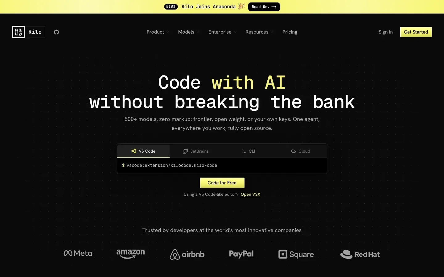 Homepage of Kilo Code