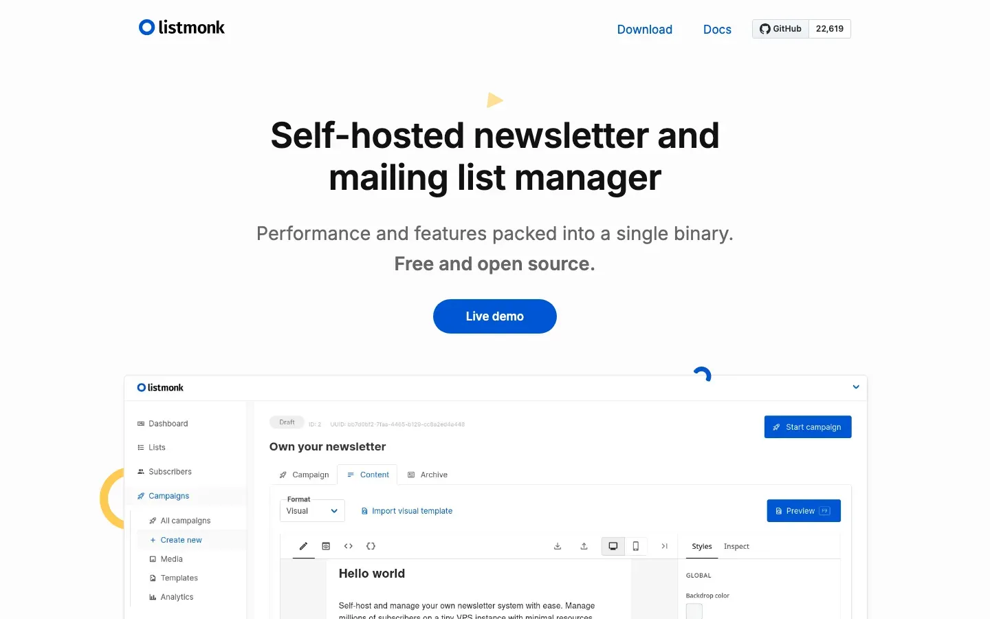 Homepage of listmonk