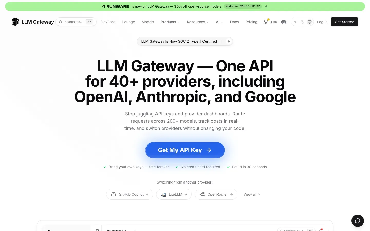 Homepage of LLM Gateway