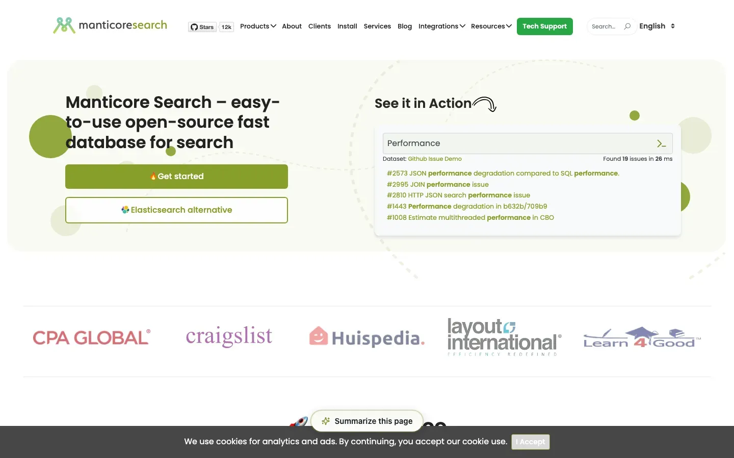 Homepage of Manticore Search