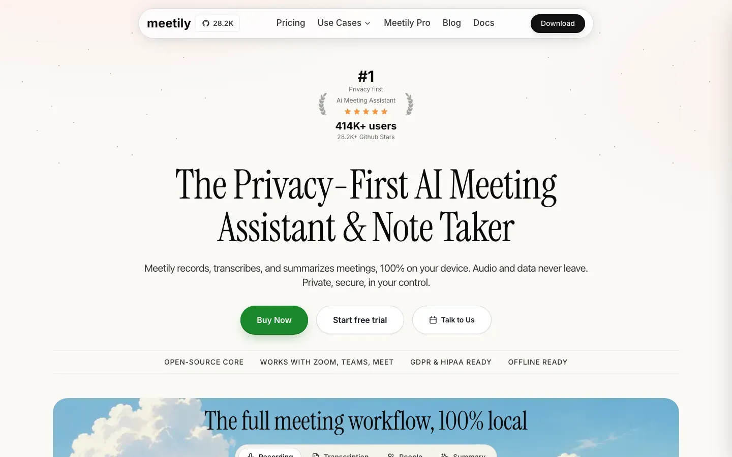 Homepage of Meetily