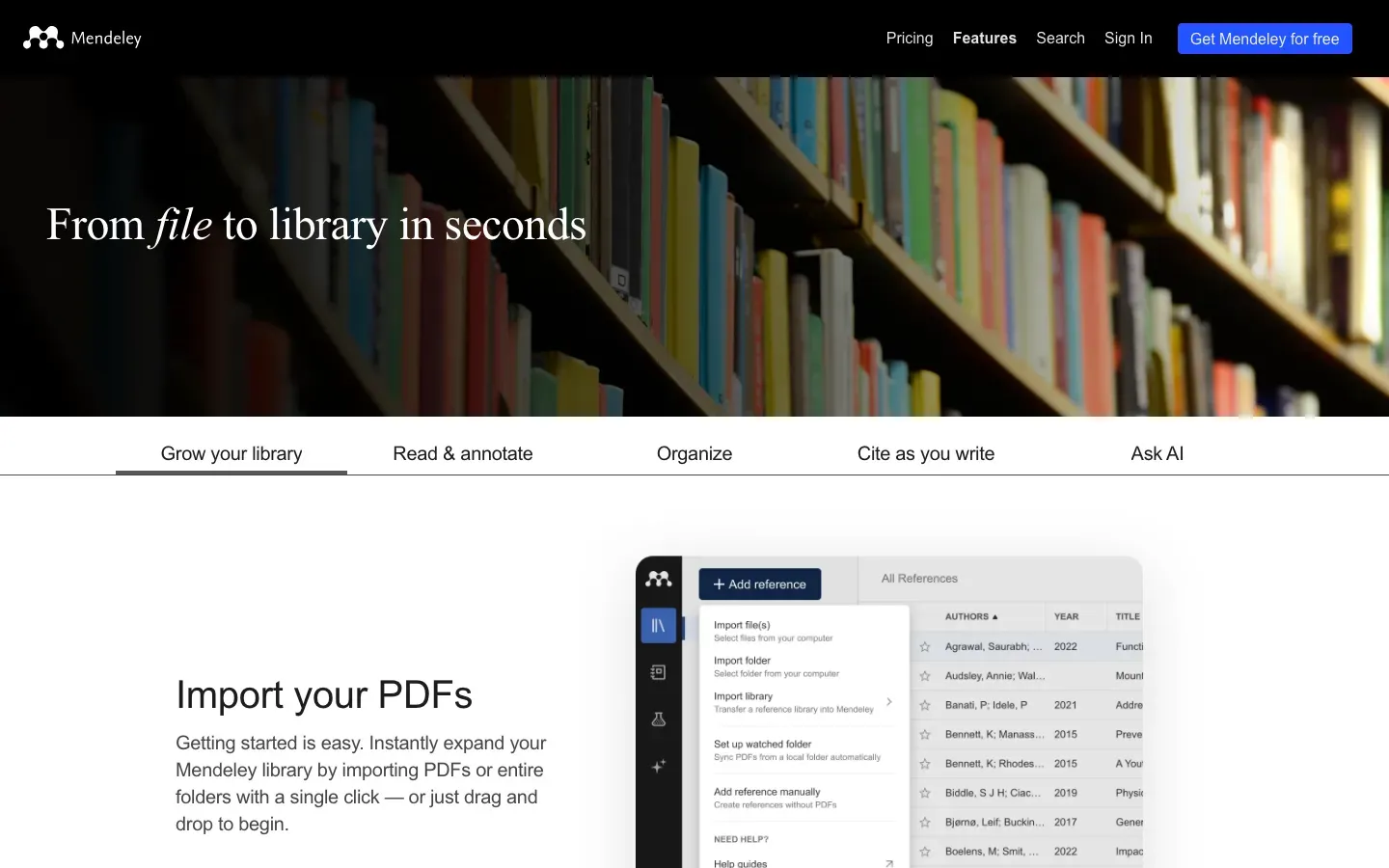 Homepage of Mendeley