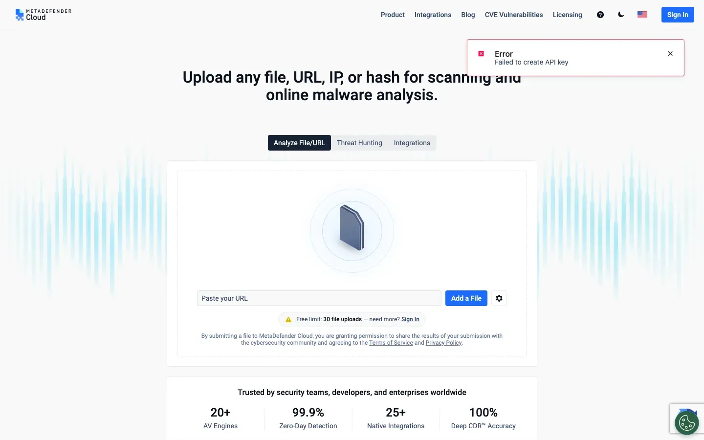 Homepage of MetaDefender Cloud