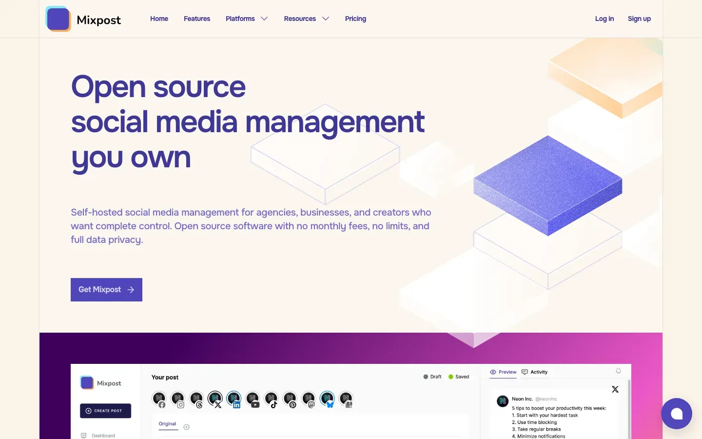 Homepage of Mixpost