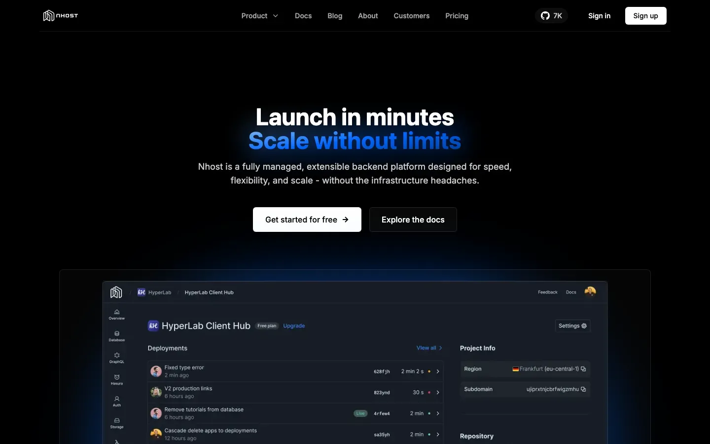 Homepage of Nhost