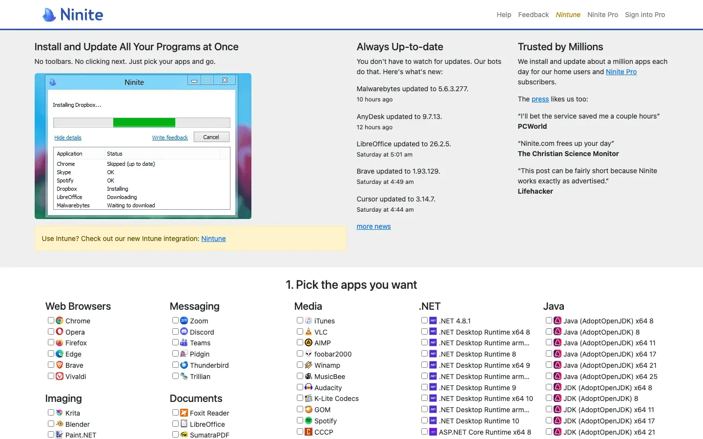 Homepage of Ninite