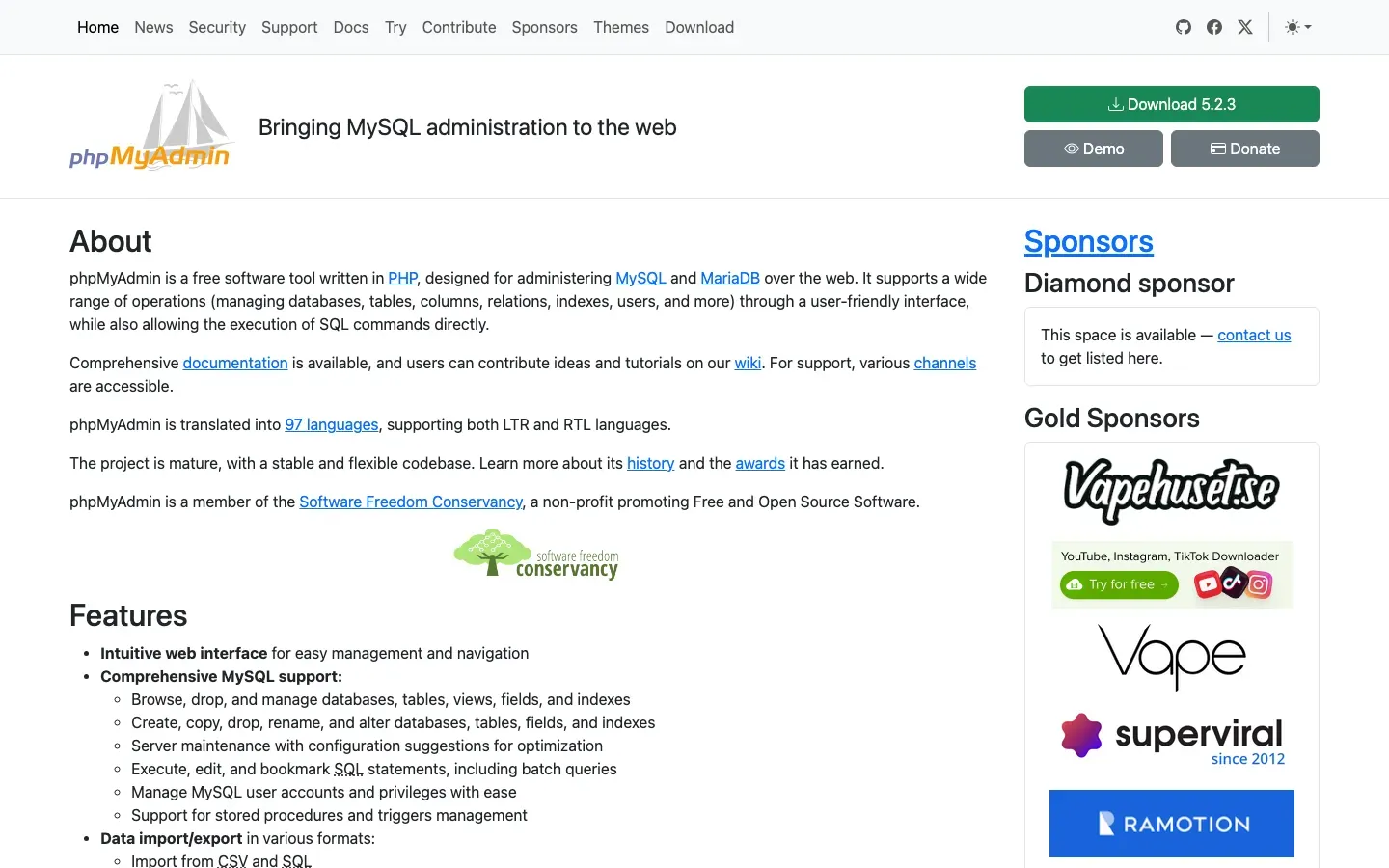 Homepage of phpMyAdmin
