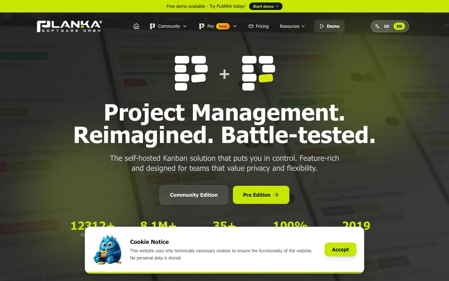 Homepage of PLANKA