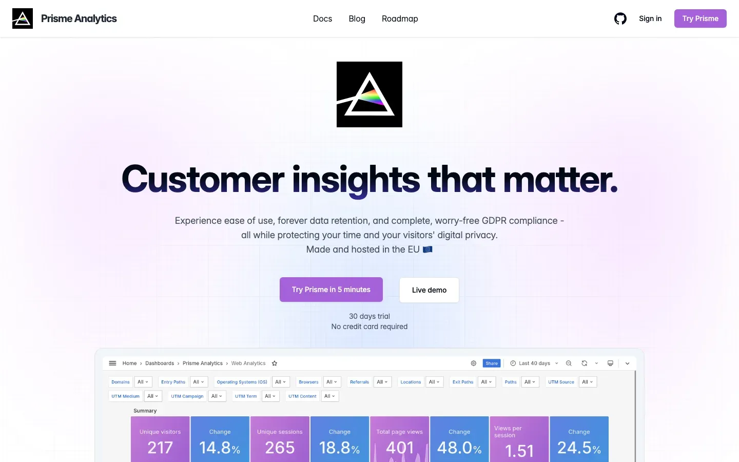 Homepage of Prisme Analytics