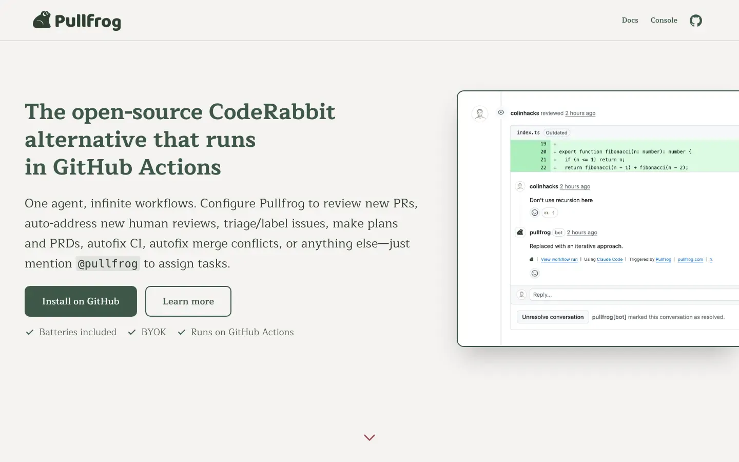 Homepage of Pullfrog