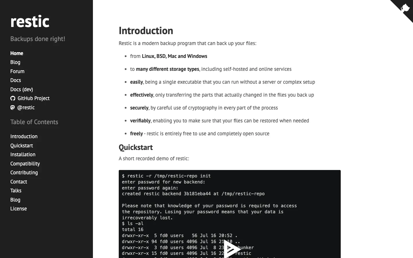 Homepage of restic