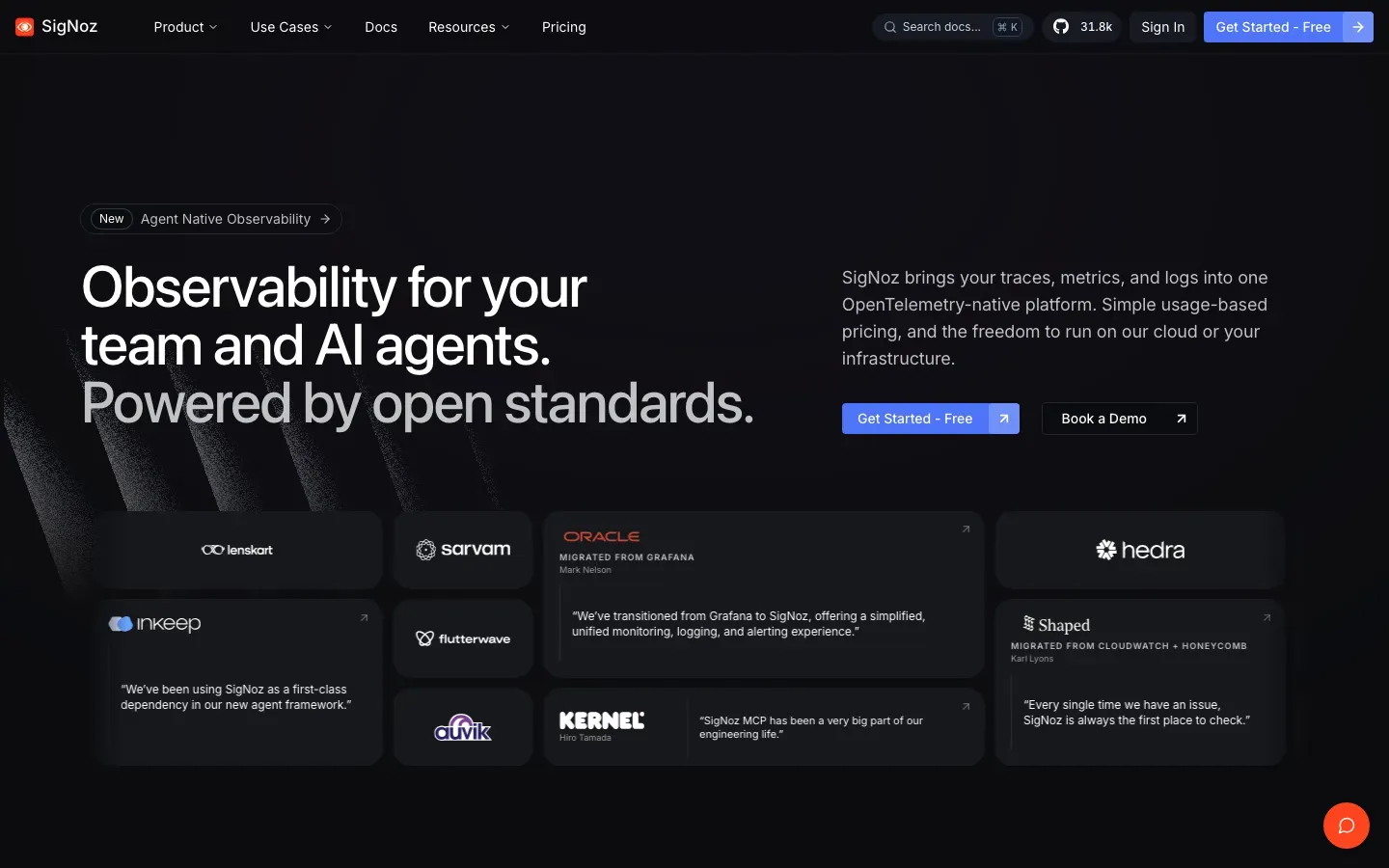Homepage of SigNoz