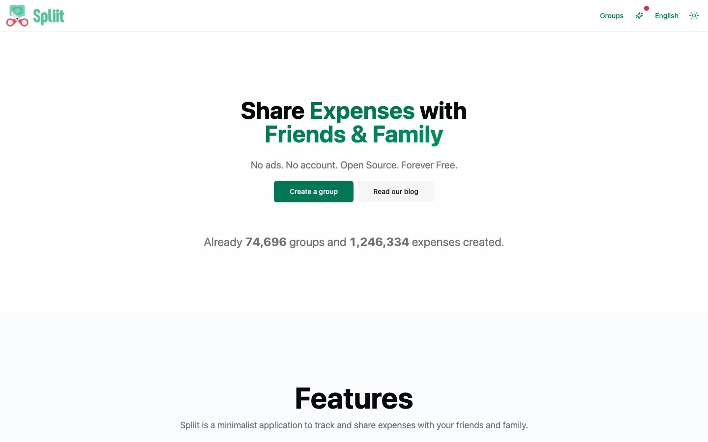 Homepage of Spliit