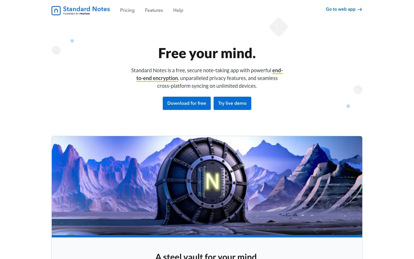 Homepage of Standard Notes