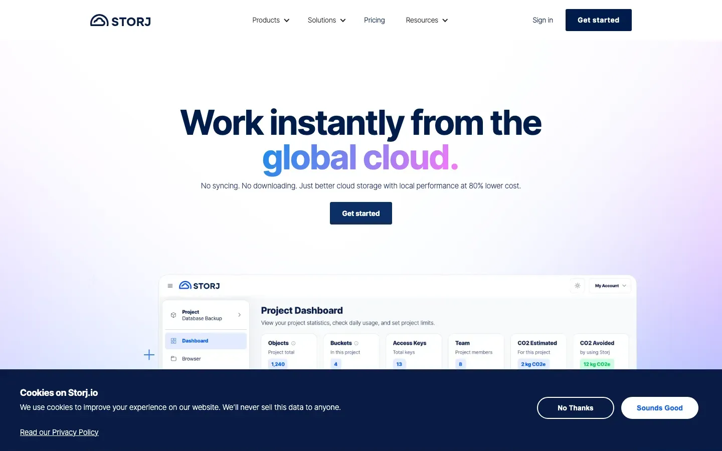 Homepage of Storj