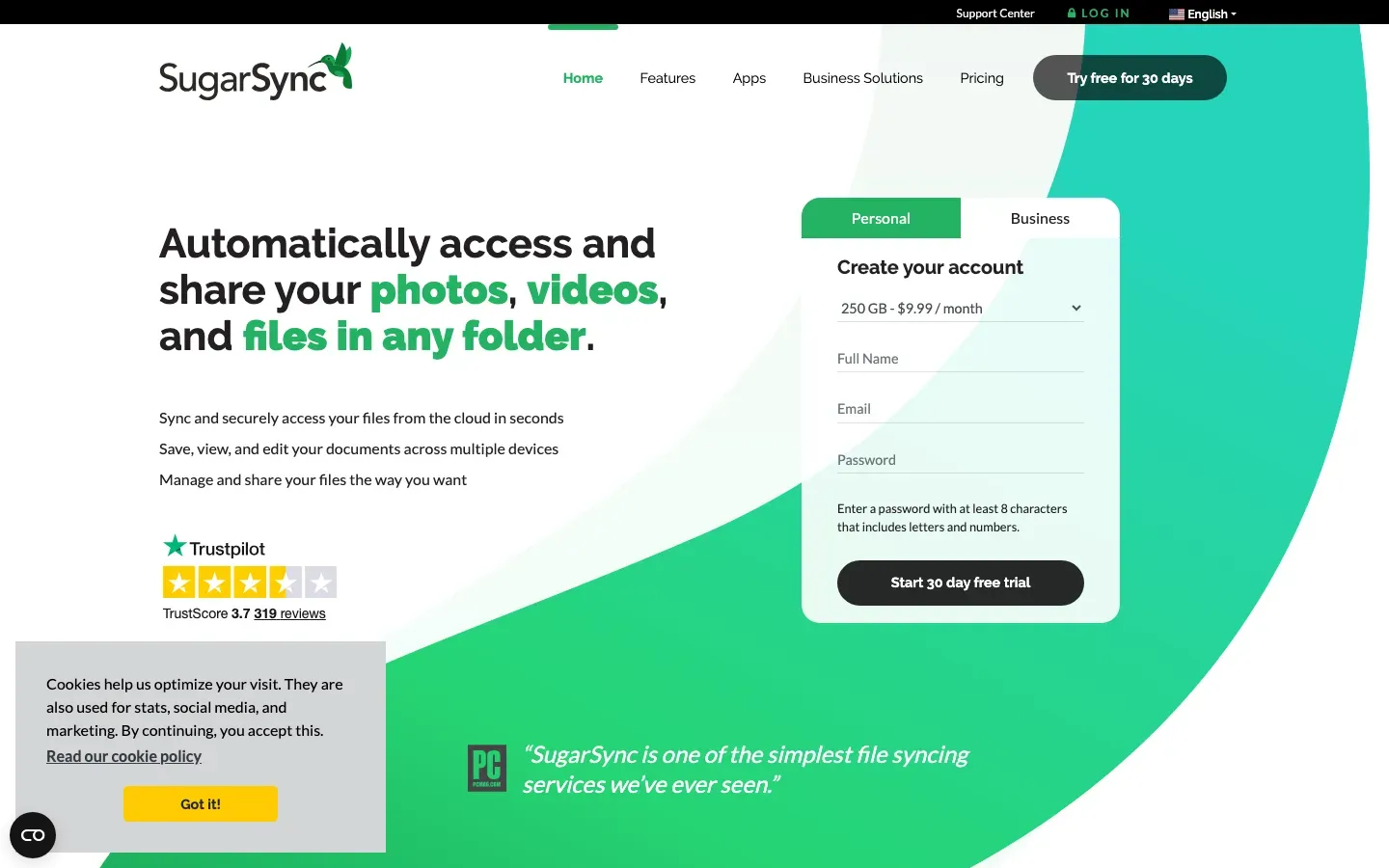 Homepage of SugarSync