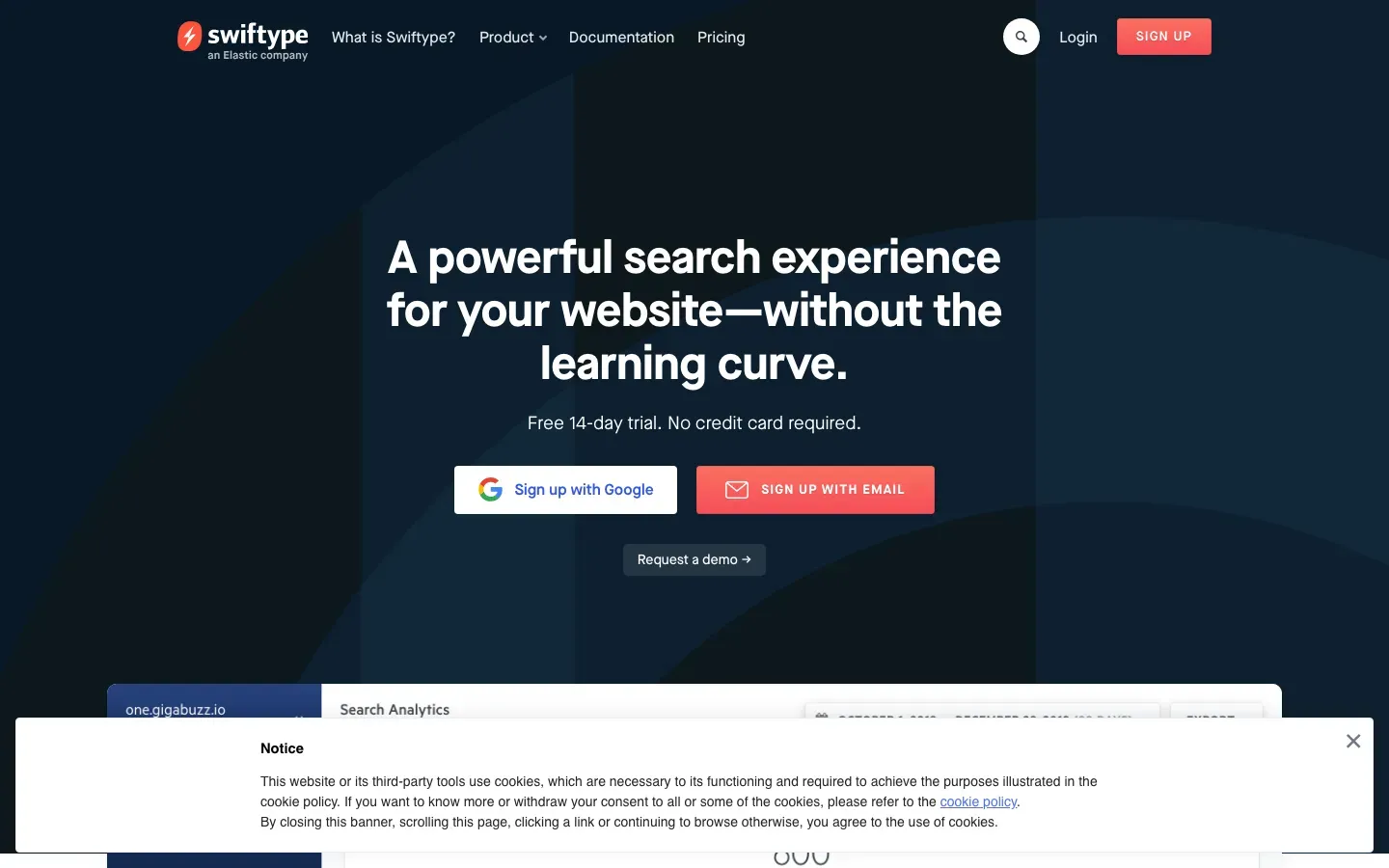 Homepage of Swiftype