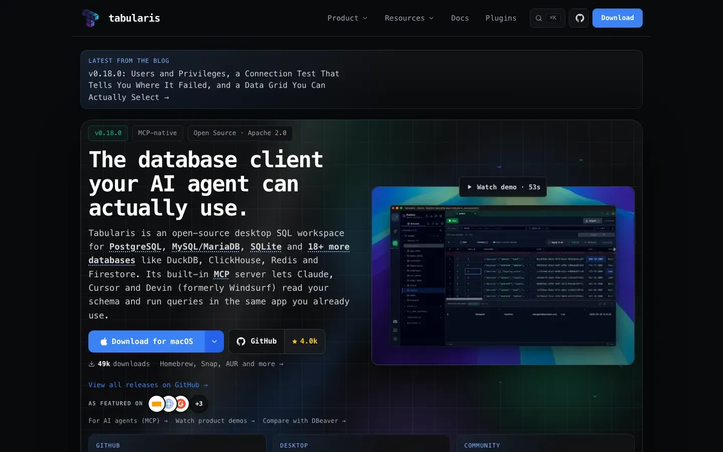 Homepage of Tabularis