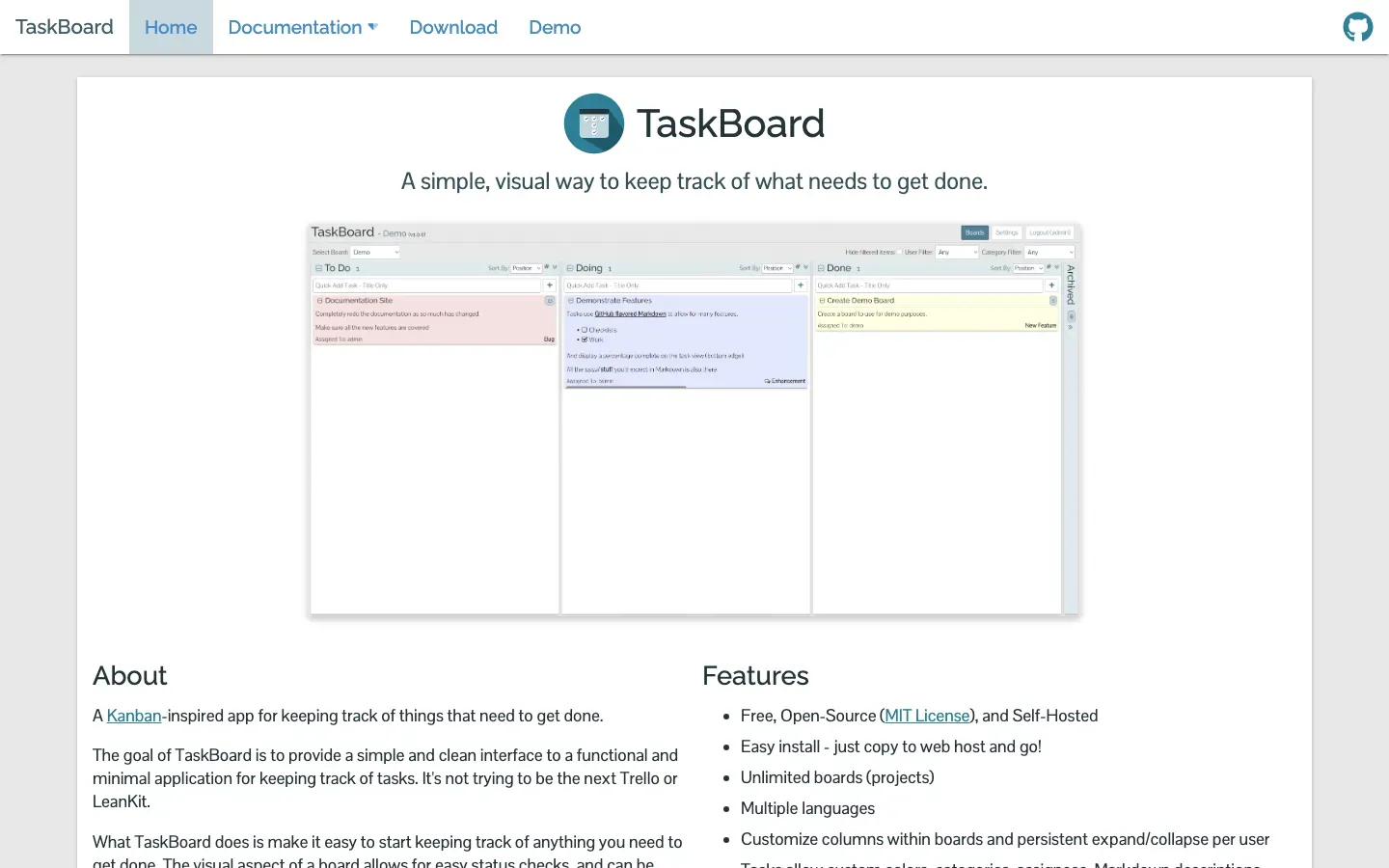 Homepage of TaskBoard