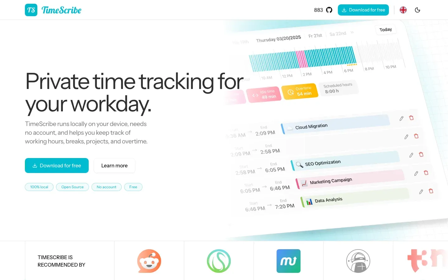 Homepage of TimeScribe