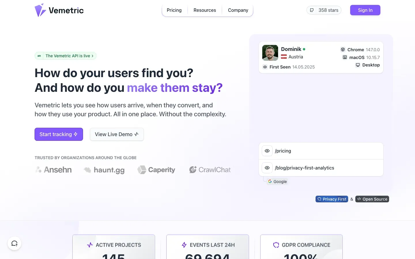 Homepage of Vemetric