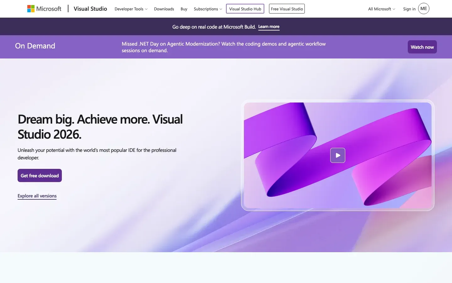 Homepage of Visual Studio
