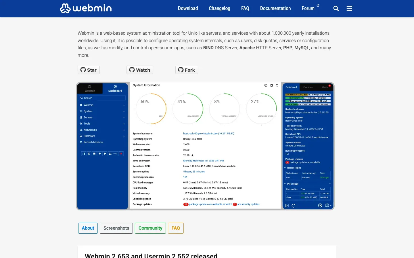 Homepage of Webmin