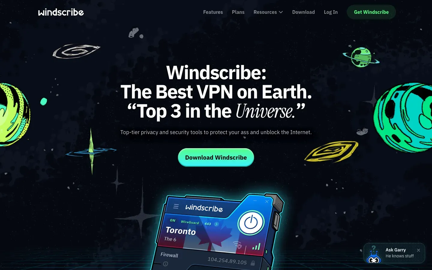 Homepage of Windscribe