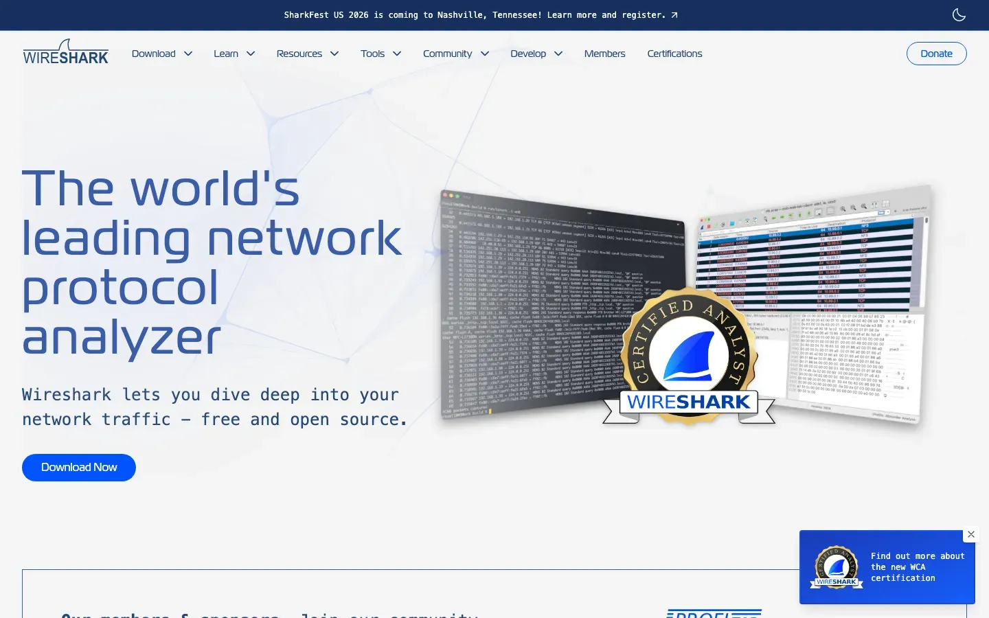 Homepage of Wireshark