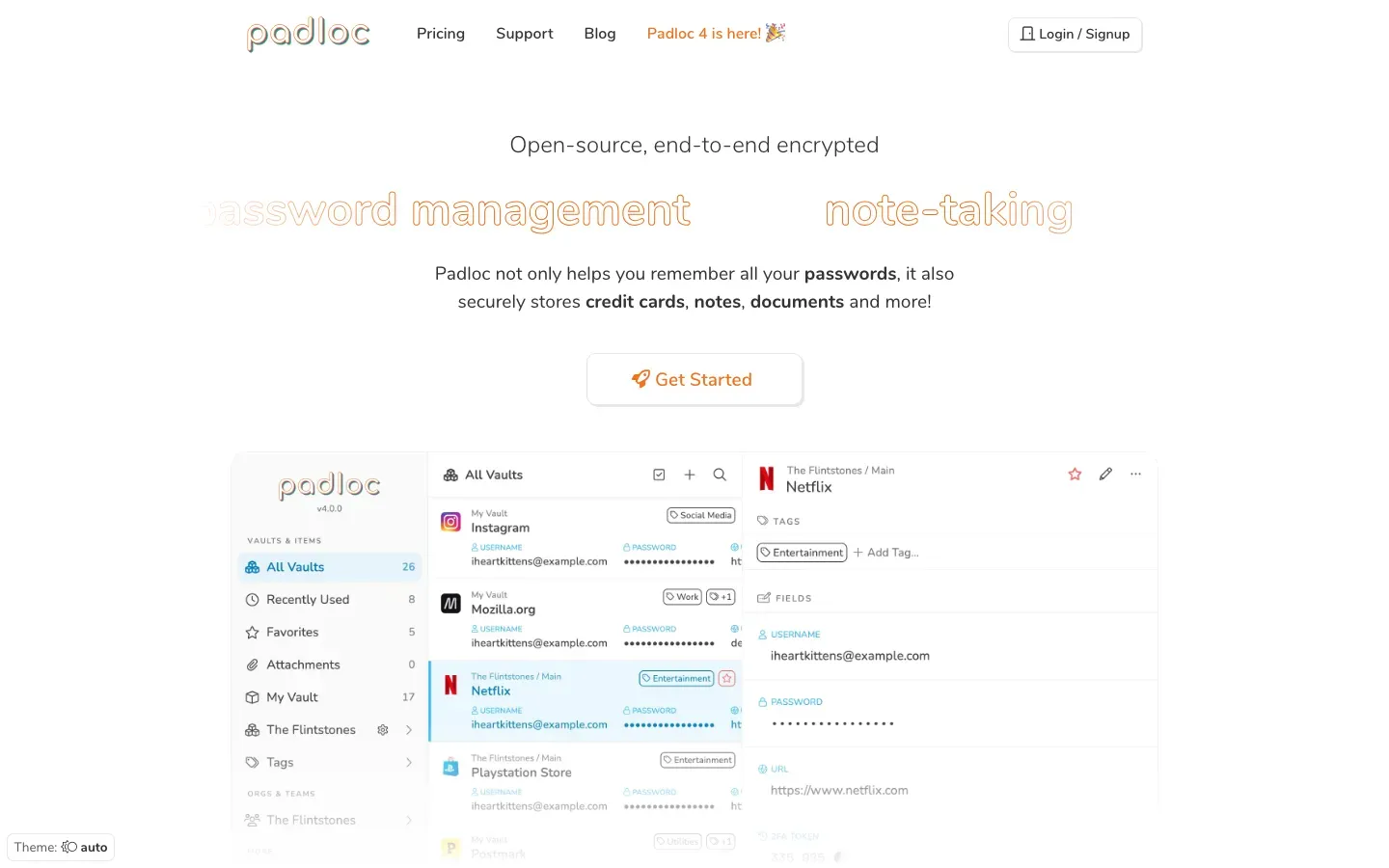 Homepage of Padloc
