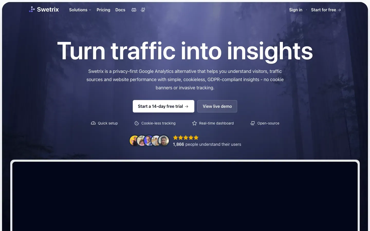 Homepage of Swetrix